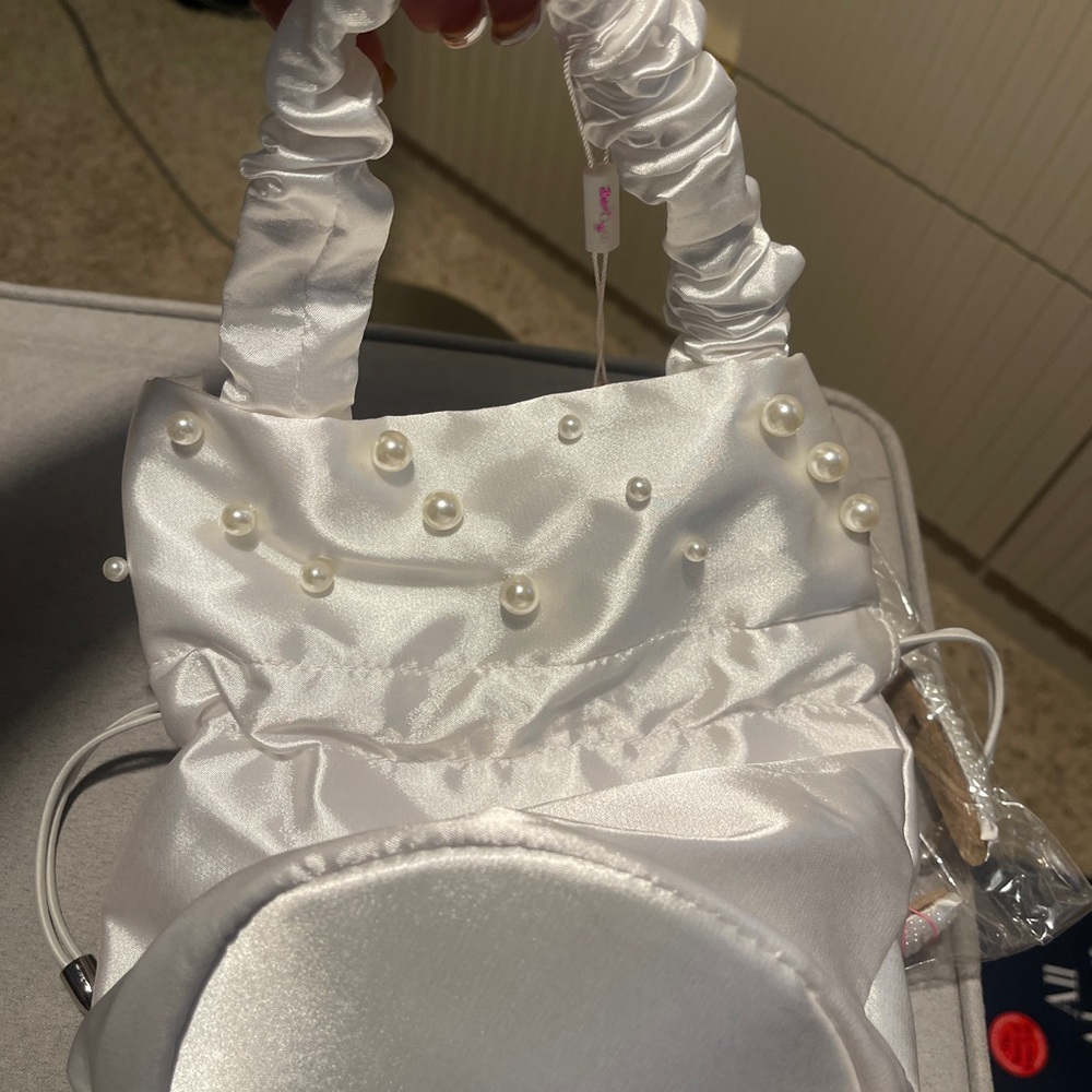 Elegant White Satin Pearl-Embellished Bag